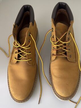 Women’s Timberland Wheat Tan Work Boots with Yellow-Burgundy Laces